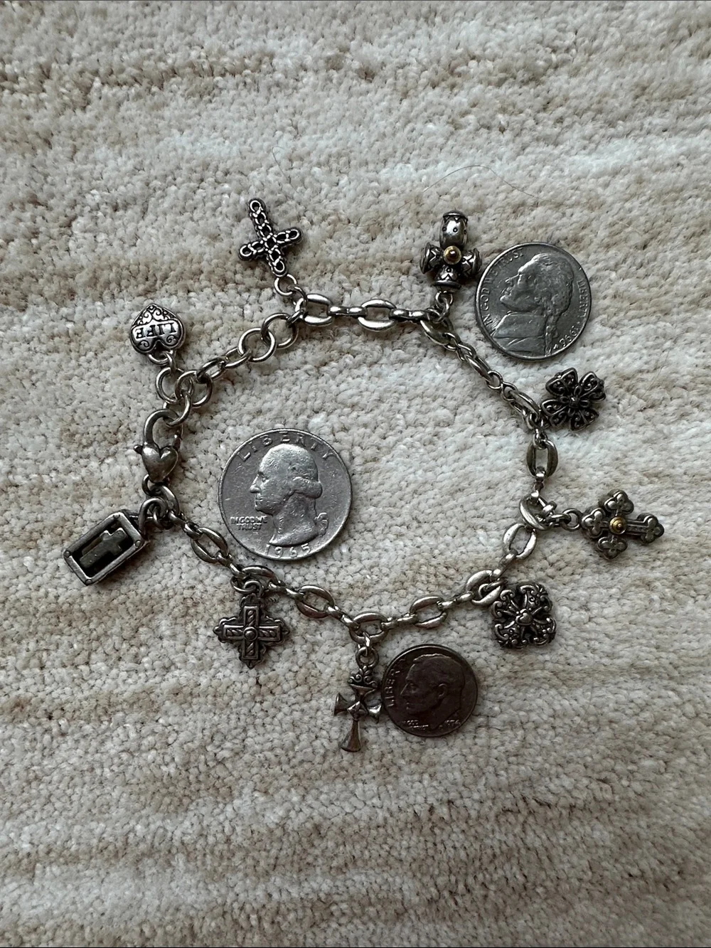 Brighton Eternity Crosses Charm Bracelet vintage Silverplate Two Tone 8.5”